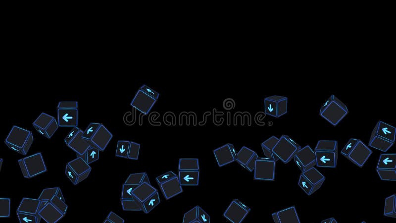 Multe cuburi fluorescente cu săgeți plutitoare pe fond negru. concept business. provocare. punct către obiectiv. buclă. stock illustration