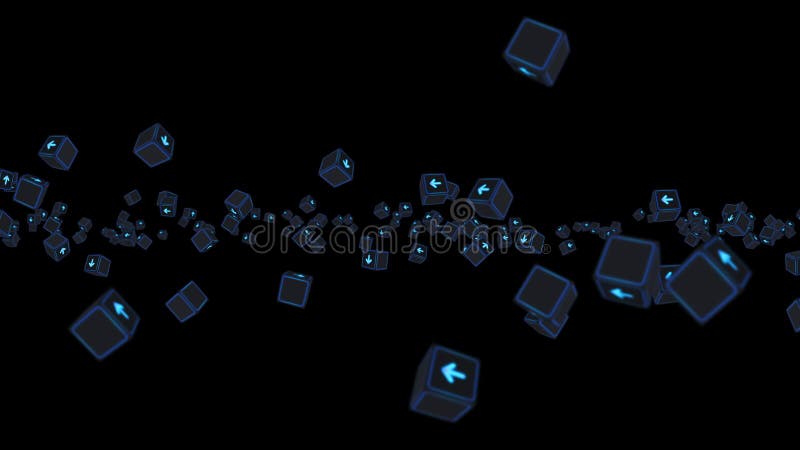 Multe cuburi fluorescente cu săgeți plutitoare pe fond negru. concept business. provocare. punct către obiectiv. buclă. vector illustration