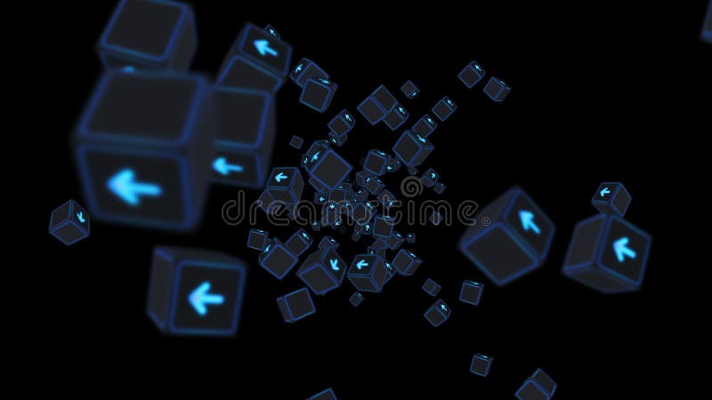 Multe cuburi fluorescente cu săgeți plutitoare pe fond negru. concept business. provocare. punct către obiectiv. buclă. royalty free illustration