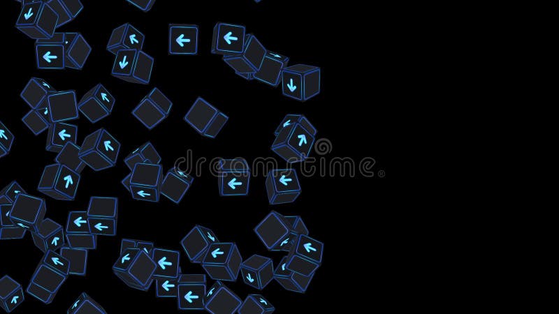 Multe cuburi fluorescente cu săgeți plutitoare pe fond negru. concept business. provocare. punct către obiectiv. buclă. vector illustration
