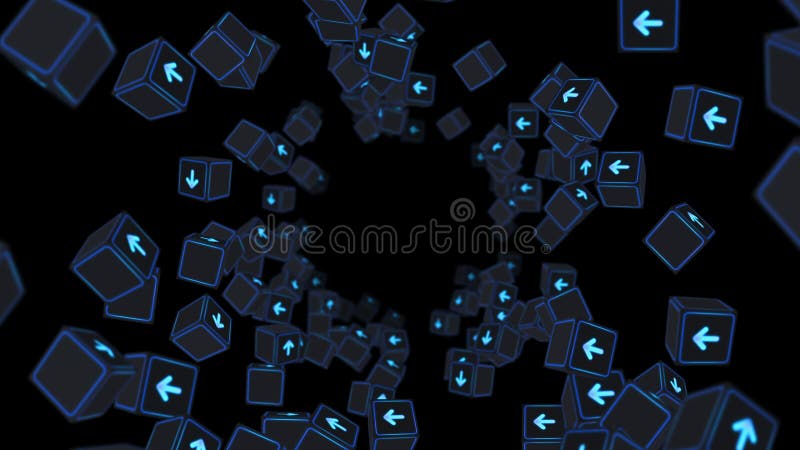 Multe cuburi fluorescente cu săgeți plutitoare pe fond negru. concept business. provocare. punct către obiectiv. buclă. stock illustration