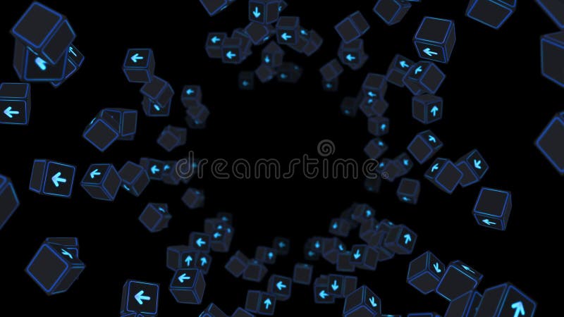 Multe cuburi fluorescente cu săgeți plutitoare pe fond negru. concept business. provocare. punct către obiectiv. buclă. royalty free illustration