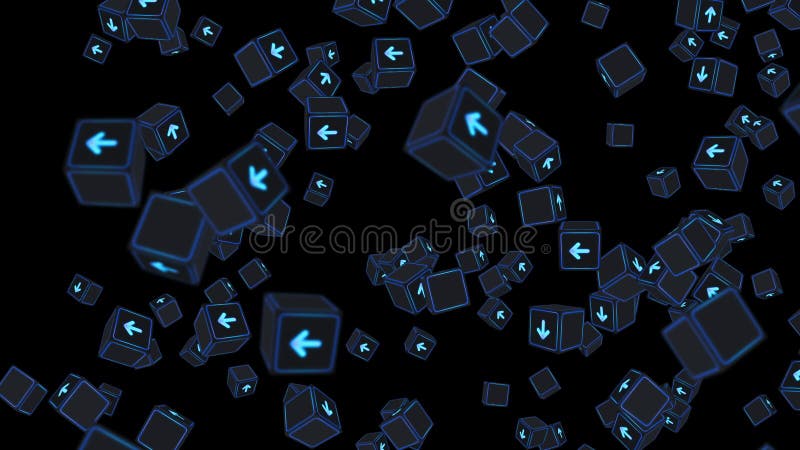 Multe cuburi fluorescente cu săgeți plutitoare pe fond negru. concept business. provocare. punct către obiectiv. buclă. vector illustration