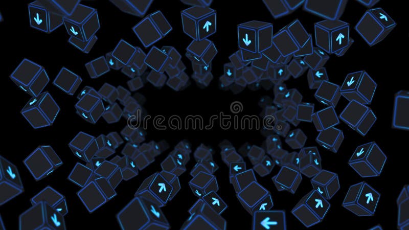 Multe cuburi fluorescente cu săgeți plutitoare pe fond negru. concept business. provocare. punct către obiectiv. buclă. royalty free illustration