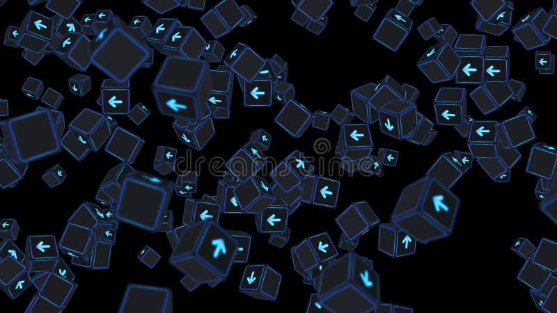 Multe cuburi fluorescente cu săgeți plutitoare pe fond negru. concept business. provocare. punct către obiectiv. buclă. royalty free illustration