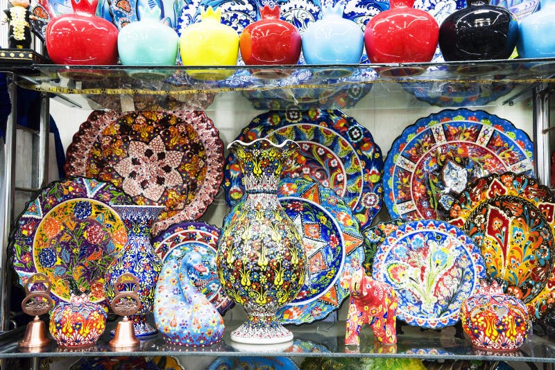 Multicolored Decorative Turkish Oriental Ornamental Ceramic Ware on the Shelves Editorial Photo