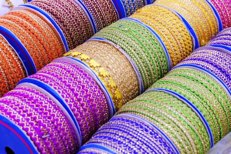 Multicolored Designer Lace Ribbon on the Shelf. Lace Tape Shop Stock