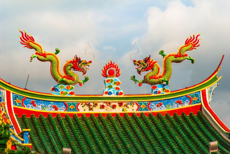 Multi-colored dragons on the roof. Chinese Temple Tua Pek Kong. Miri city, Borneo, Sarawak, Malaysia