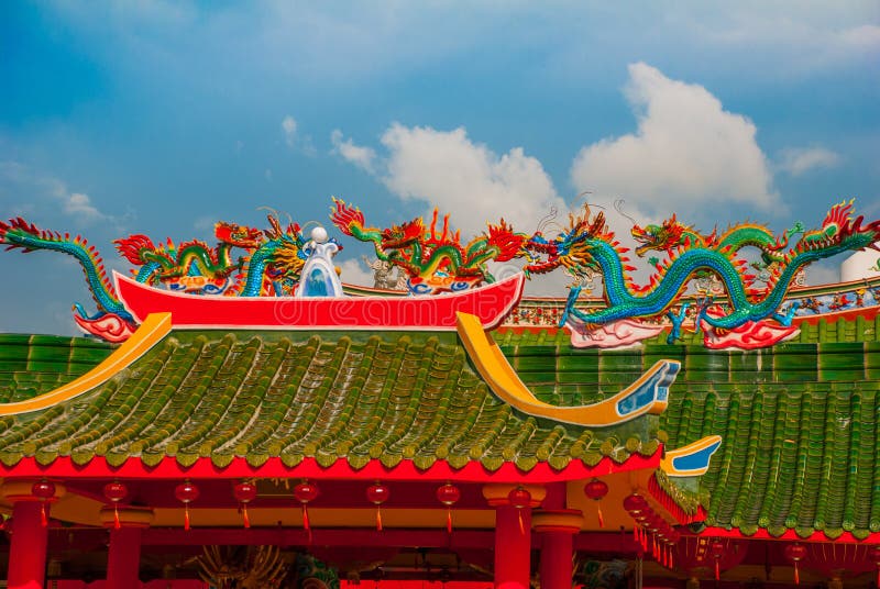 Multi-colored dragons on the roof. Chinese Temple Tua Pek Kong. Miri city, Borneo, Sarawak, Malaysia