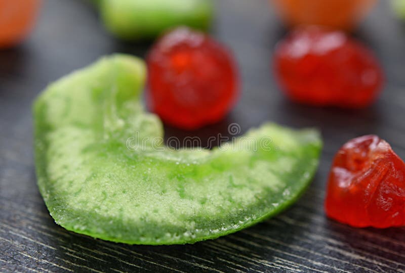 Multicolored Dried Fruits Cherry Pomelo on a Dark Background Stock