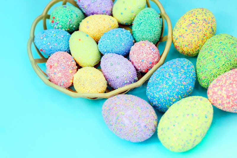 Multicolored Easter Eggs in a Basket. Spring Decor. Stock Image