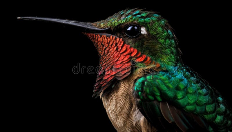 Multi colored hummingbird perching on branch in vibrant tropical nature generated by AI stock illustration