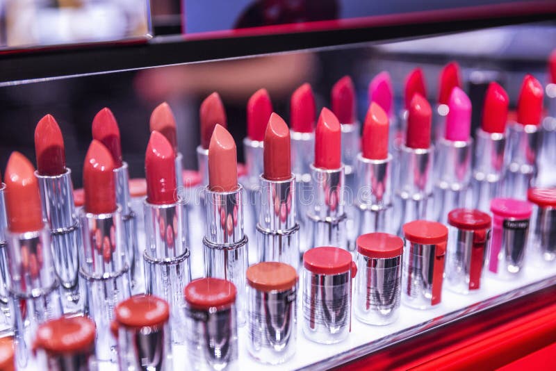 Multicolored Lipstick Testers in the Store. Closeup Stock Image