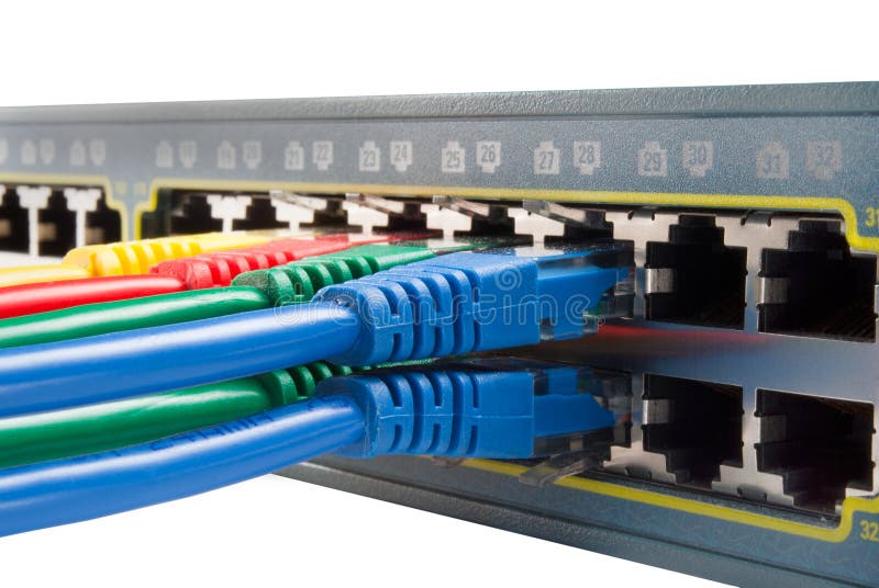 Multi Colored Network Cables Connected to Switch stock photo