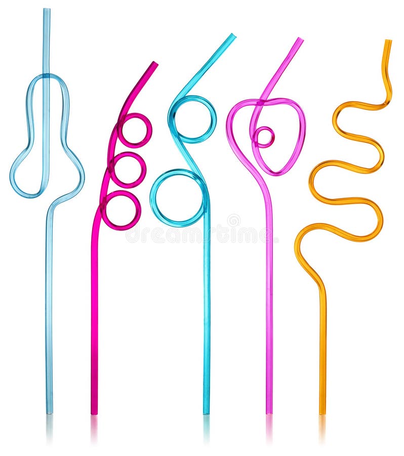 Multi-colored semi-transparent in many shapes straw. Drinking straws in the colors blue, purple, pink, yellow