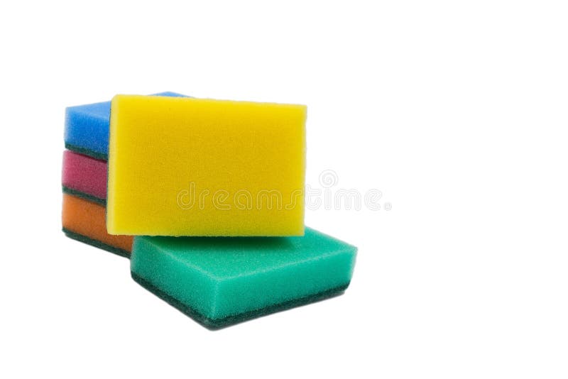 Multi-colored sponges for household work from foam rubber, stack, on a white background. Multi colored foam sponges stock images, royalty-free photos and pictures