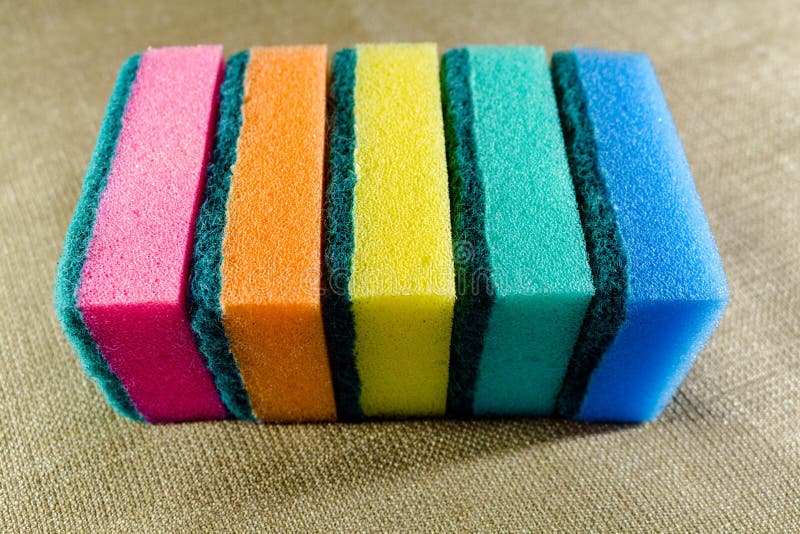 Multicolored Sponges in a Row. Microfiber Material. for Dish Washing