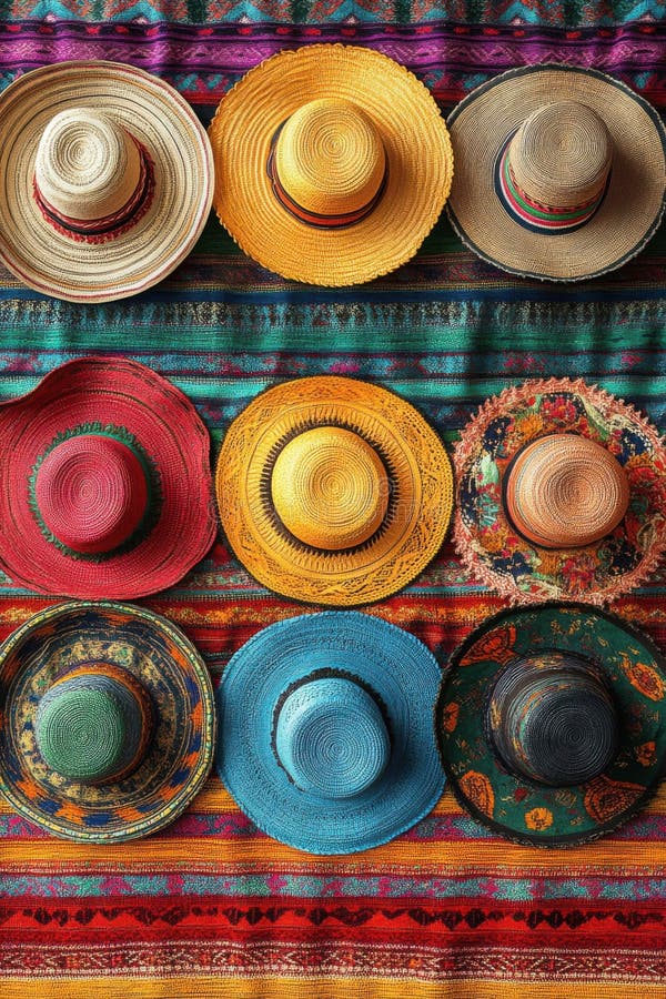 Multi-colored traditional hats displayed on vibrant woven textile background in bright pattern array vector illustration