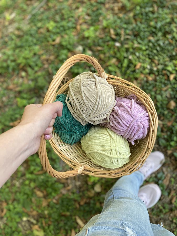 Multicolored Yarn in a Basket Stock Photo Image of thread, multi