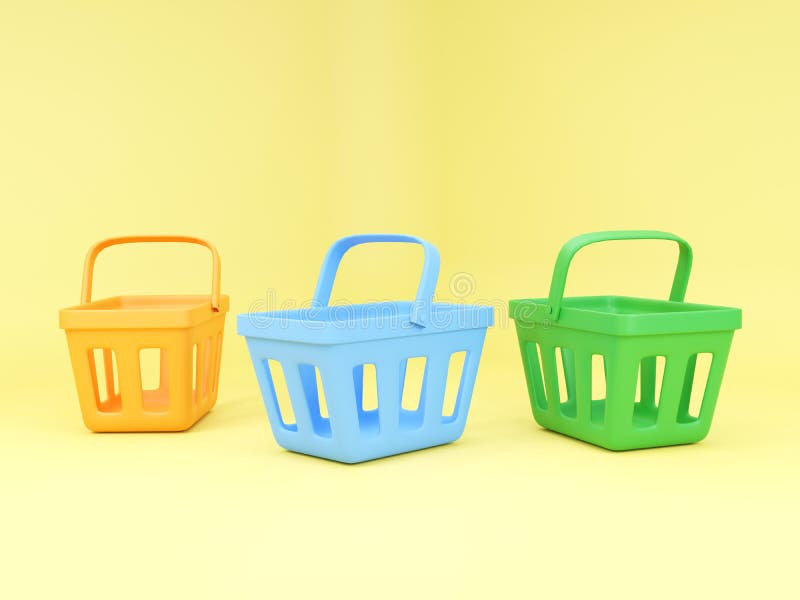 Multi-colors Empty Shopping Baskets on Yellow Background. 3d Rendering ...