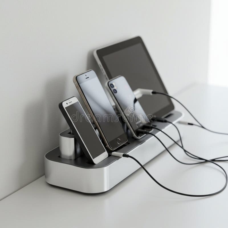 A multi-device charging station holds several electronic devices, including three royalty free illustration