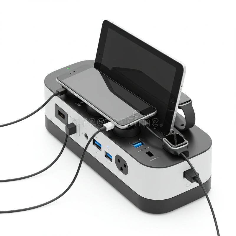 Multi-device charging station with a sleek, rectangular design holds smartphones and stock illustration