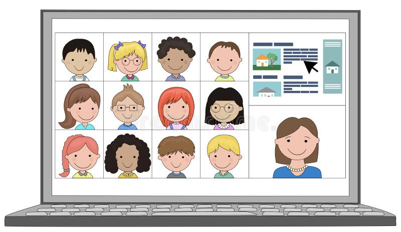 Multi ethnic Class of children distance learn online remotely with teacher stock illustration