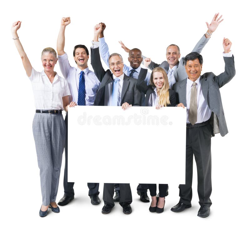 Multi-ethnic group of business people holding placard