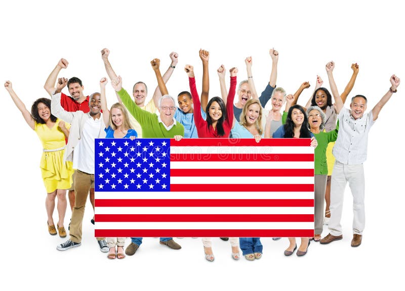 Multi-Ethnic Group Of People With American Flag