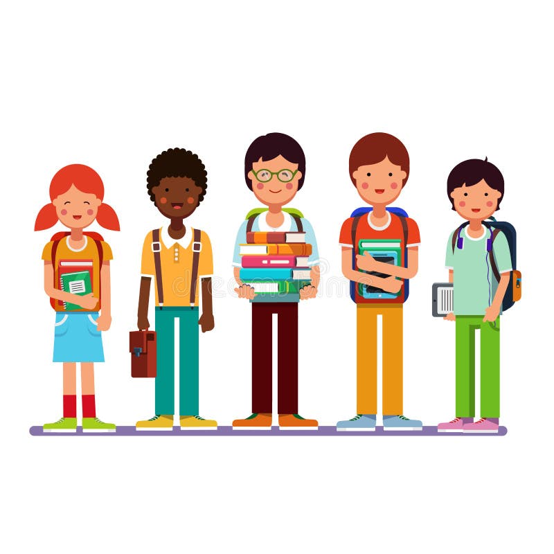 Multi ethnic group of school students kids standing together wearing backpacks holding books, textbooks and tablet computers. Happy pupils and friends. Flat style modern vector illustration.