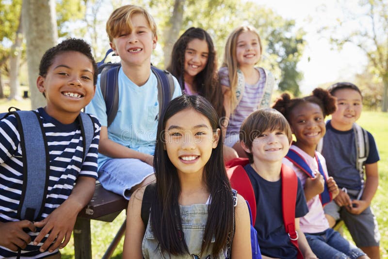 Multi-ethnic group of schoolchildren on a school trip