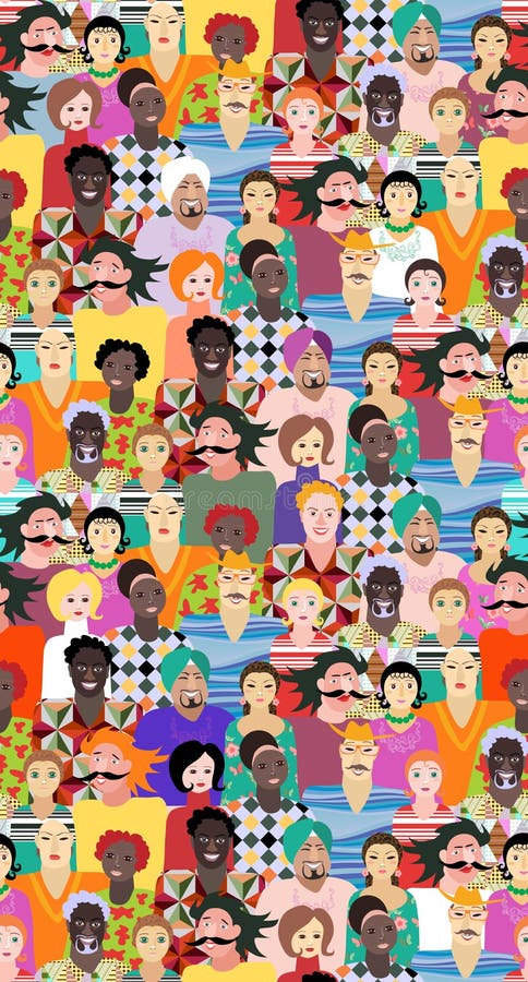 Multi-etnische Groep Mensen Naadloos vectorpatroon met mannen en vrouwen van verschillende leeftijden, rassen en nationaliteiten stock illustratie Multi-etnische Groep Mensen Naadloos vectorpatroon met mannen en vrouwen van verschillende leeftijden, rassen en nationaliteiten stock illustratie