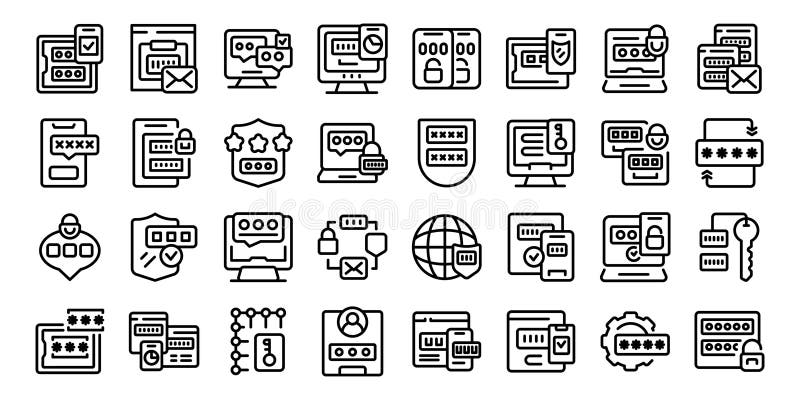 Multi factor authentication icons set outline vector. Laptop security royalty free illustration