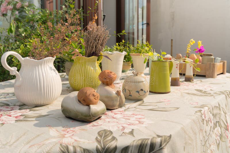 Multi Flower Pots on the Flower Sheet Desk Stock Image Image of house