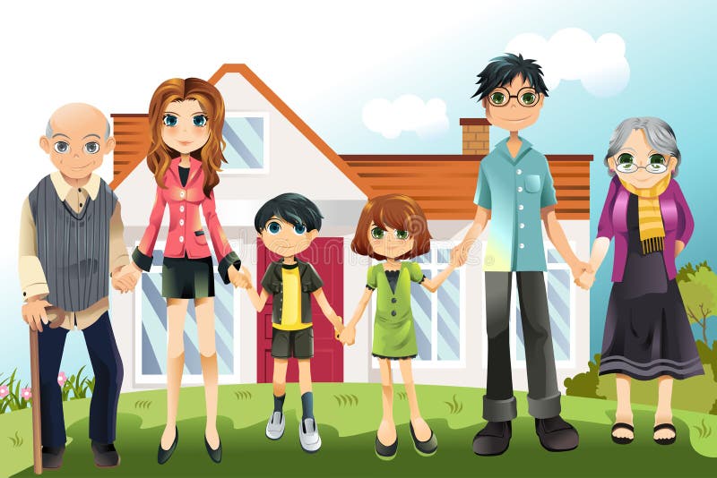 A illustration of a multi generation family in front of the house