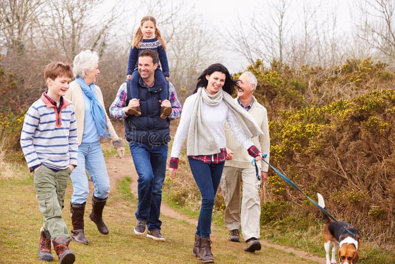 Multi Generation Family With Dog On Countryside Walk stock images Multi Generation Family With Dog On Countryside Walk stock images