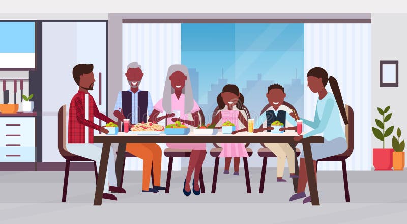 Multi generation family sitting around table eating meal together happy african american grandparents parents and children modern kitchen interior flat horizontal vector illustration