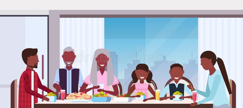 Multi generation family sitting around table eating meal together happy african american grandparents parents and children modern kitchen interior closeup portrait flat horizontal vector illustration