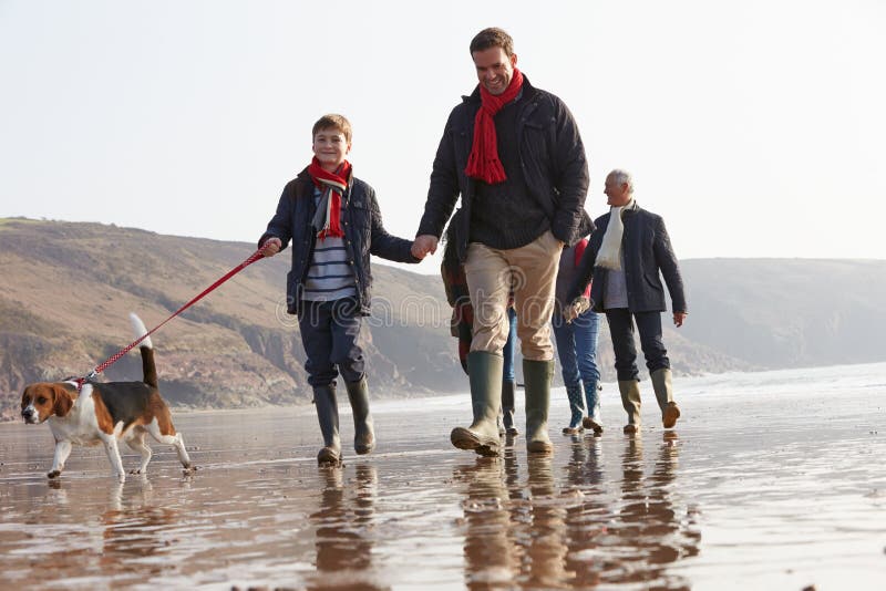 Multi Generation Family Walking On Winter Beach With Dog