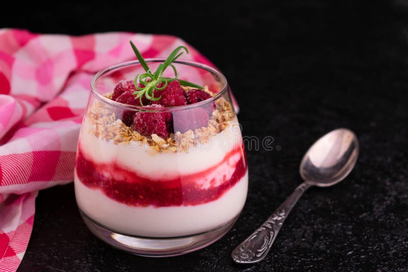 Multilayered Raspberry Dessert Made from Cream Cheese, Yogurt and