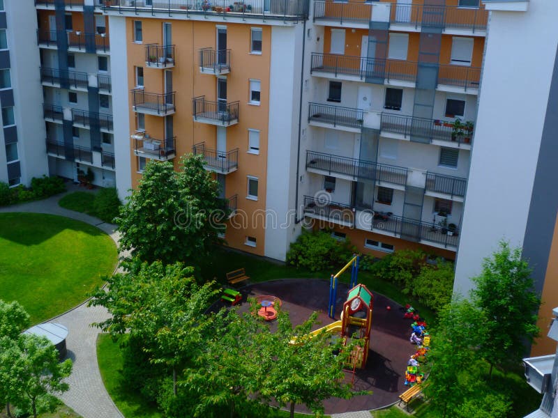 Intensive green roof and court yard with mid rise apartment building