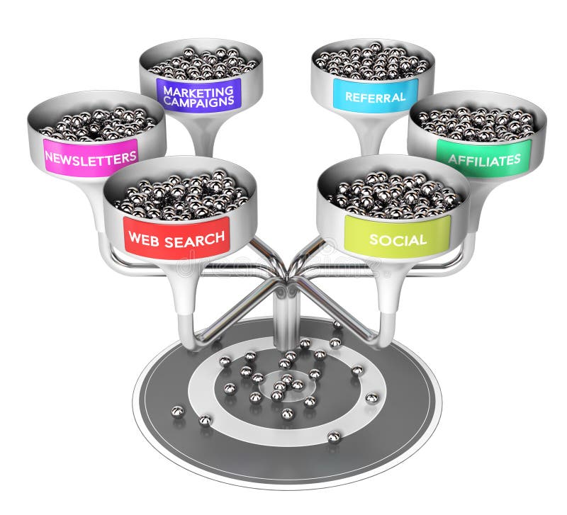 3D illustration of six funnels with many spheres and a target over white background, Business or marketing concept of multi channel leads generation. 3D illustration of six funnels with many spheres and a target over white background, Business or marketing concept of multi channel leads generation