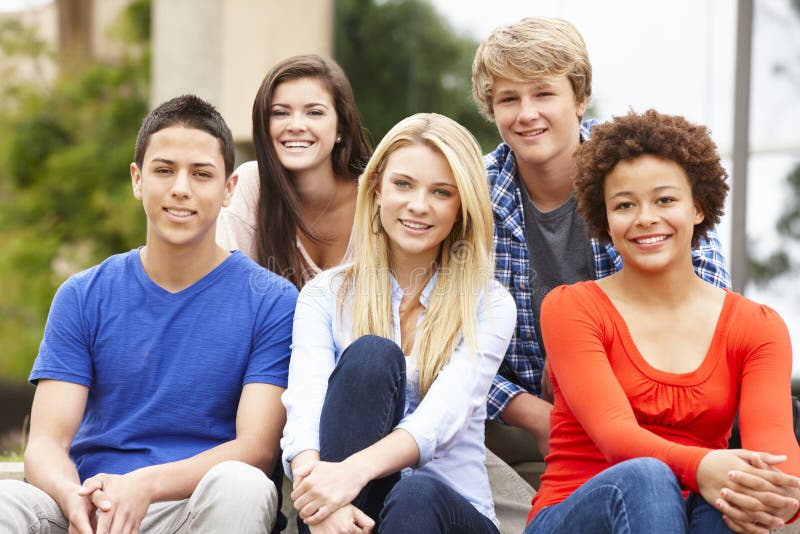 Multi Racial Student Group Sitting Outdoors Stock Photo - Image of ...