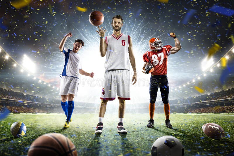 Multi sports proud players collage on grand arena royalty free stock images Multi sports proud players collage on grand arena royalty free stock images