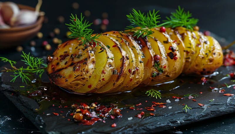 Multicfarbene Kartoffeln mit Kräutern und Knoblauch auf dunklem Hintergrund stock abbildung