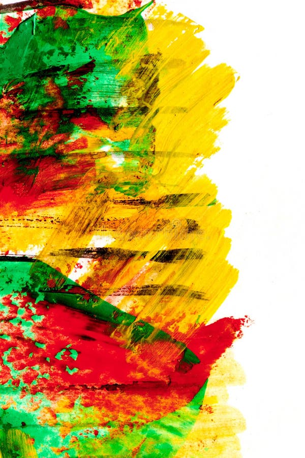 Multicolor brush strokes and paint spots on white paper, bright contrasting background royalty free stock image
