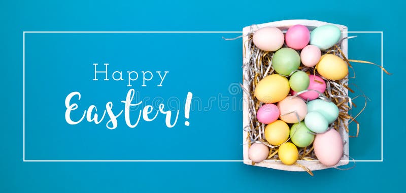 Multicolor eggs in a white tray. Creative Easter concept. Modern solid turquoise background. stock photo