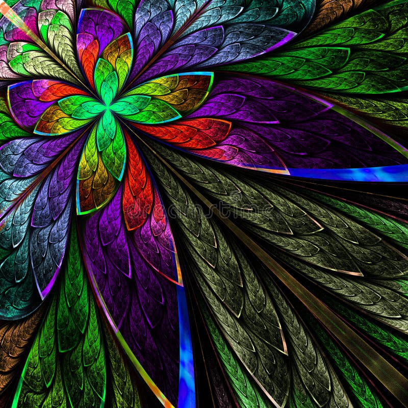 Multicolor fractal flower on black background.