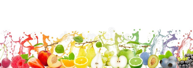 Collection of fruits with slices and juice splash in rainbow colors, healthy food and drink concept; isolated on white background. Collection of fruits with slices and juice splash in rainbow colors, healthy food and drink concept; isolated on white background