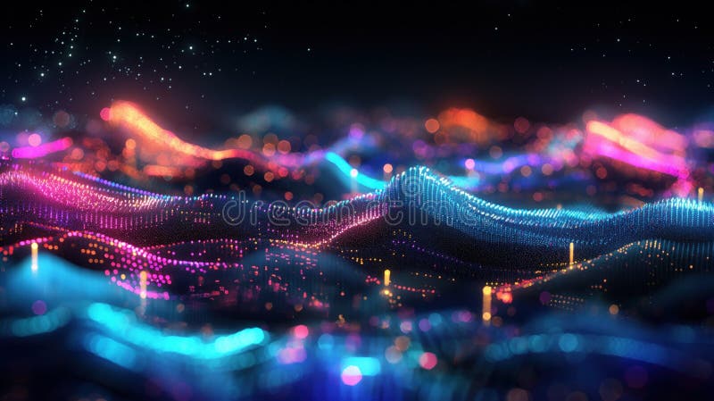Multicolor glowing data on futuristic digital landscape. Abstract digital surface with net, dot, particle elements. Glowing lines, wireframe design in geometric shapes modern concept. AI generated